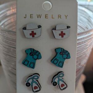 Adult Festive Nurse-Themed Earrings Set - White, Blue, Red